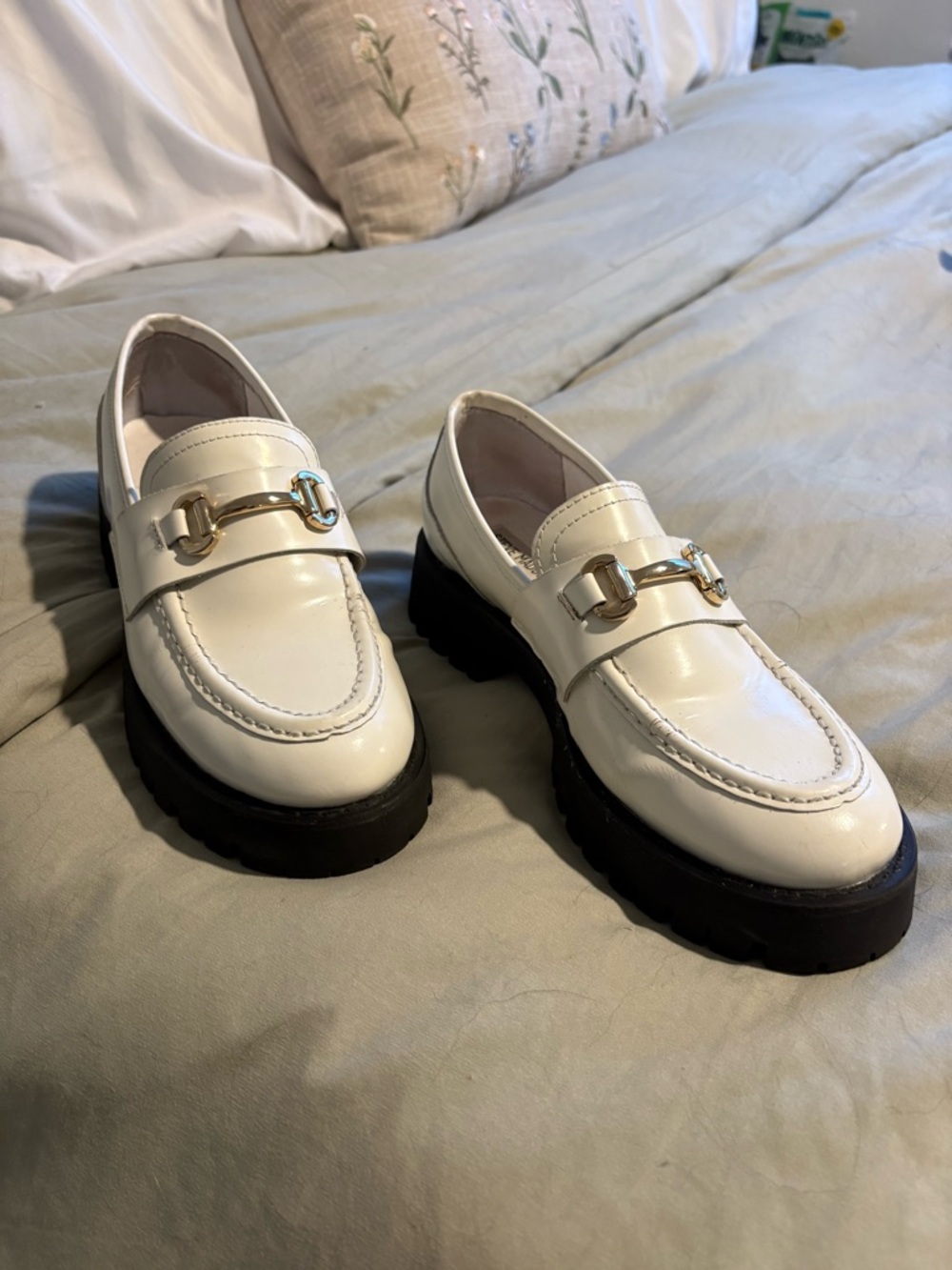 Steve Madden Lando White Leather Loafers with Gold Accent